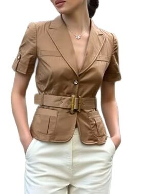 Femme de Carriere Belted Cropped Short Sleeve Safari Blazer in Tan Size 30